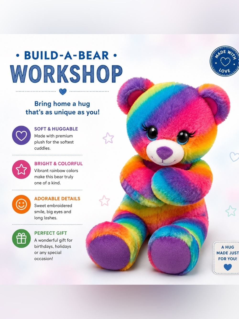 Build-A-Bear Rainbow Plush Bear - Multicolor Soft Cuddly Toy